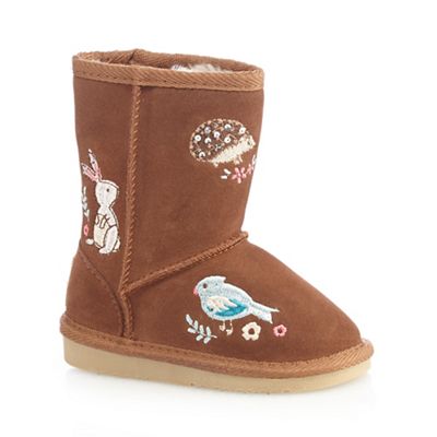 Mantaray Girls' tan animal embroidered leather boots